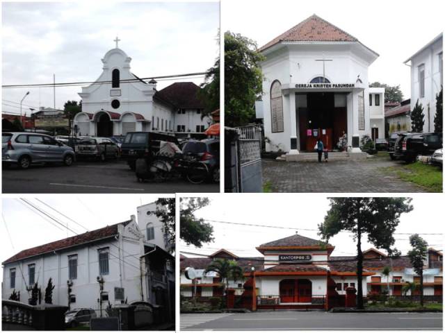 Ki-Ka Atas-Bawah: Katedral St. Yusuf, Gereja Kristen Pasundan, gedung di sisi GKP, Kantor Pos