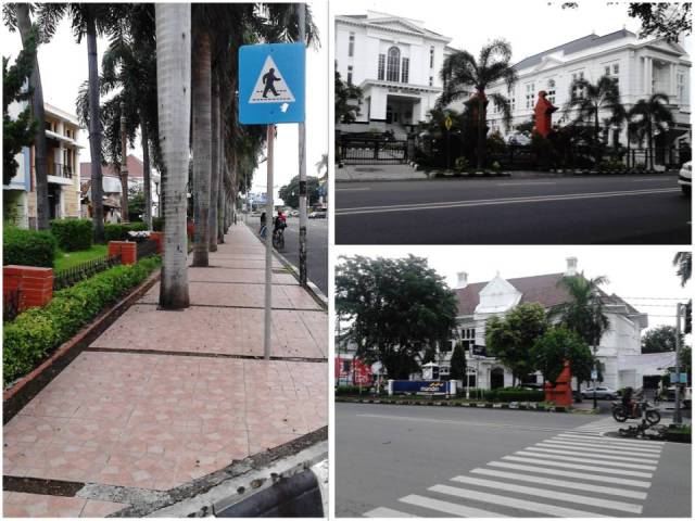 Kiri: trotoar yang lebar denga pepohonan dan taman kecil. Atas: Gedung Bank Indonesia. Bawah: Gedung Bank Mandiri