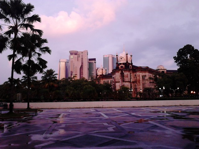 Skyscrapers view from the mosque after the rain ends
