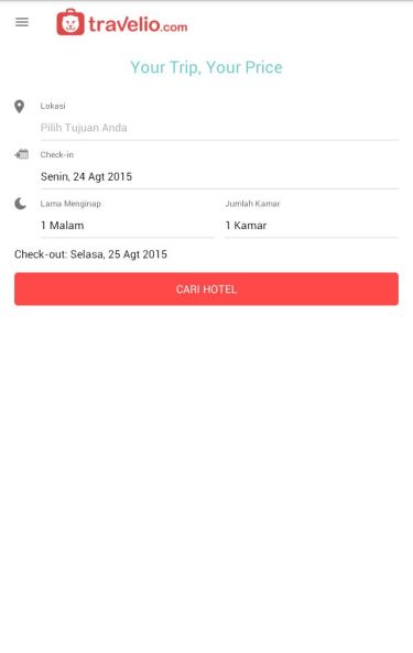 Tampilan pemesanan hotel aplikasi Travelio