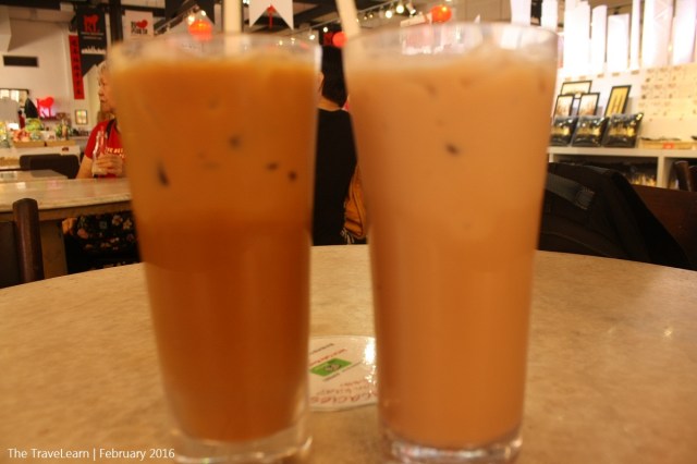 Enjoying our free drinks at the cafe