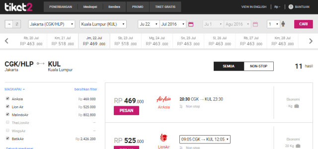Flight CGK-KUL via Tiket2.com